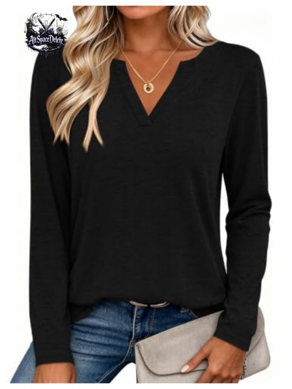Womens Long Sleeve V Neck Tunic Top Soft Stretch Casual Loose Fit Tee Shirt